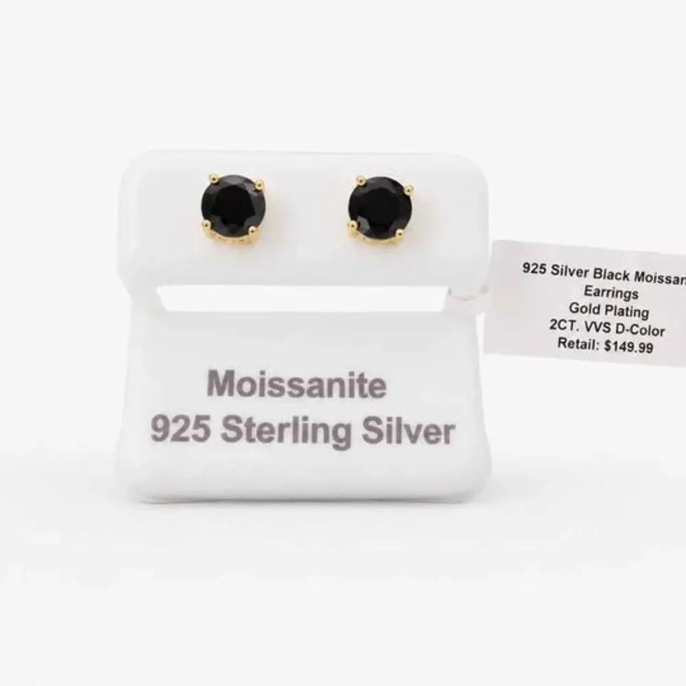 Black Moissanite Stud Earrings 2 Ct 925 Sterling Silver Gold Plated